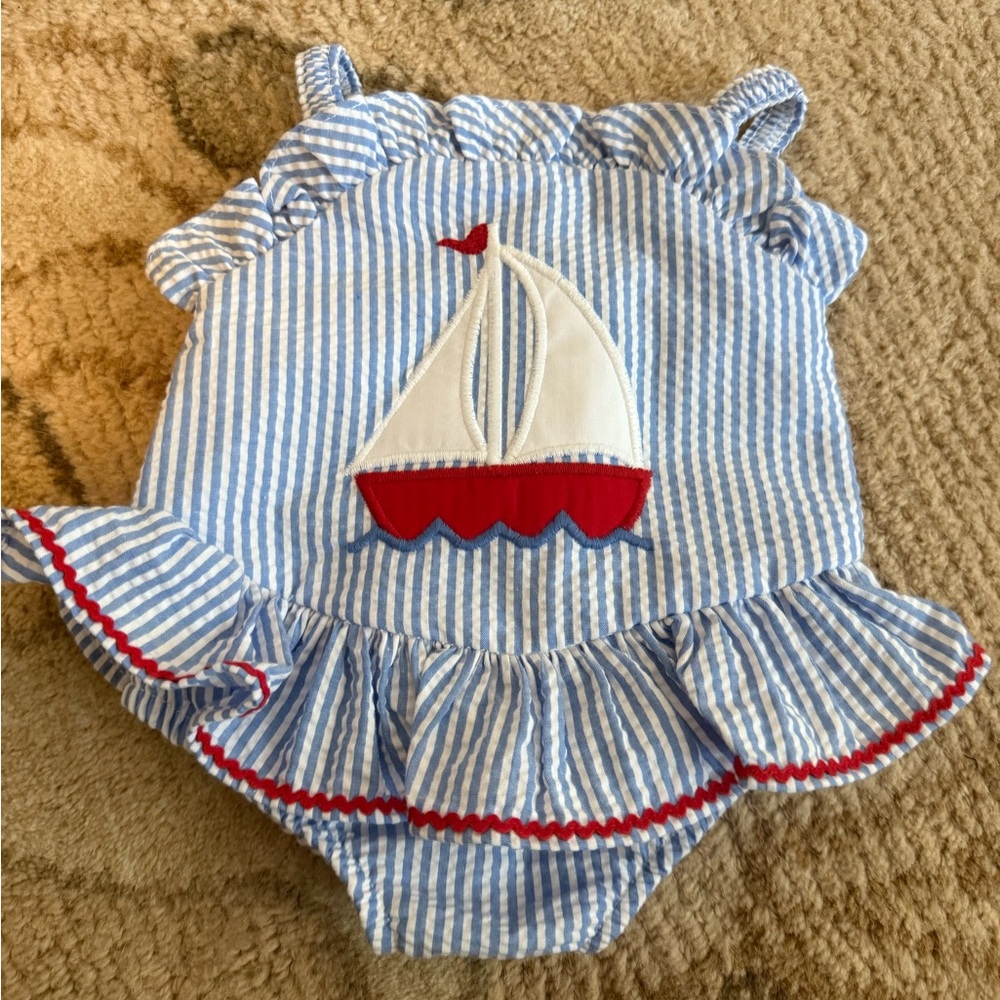 Sailboat Striped Blue and White Kids Swim One Piece